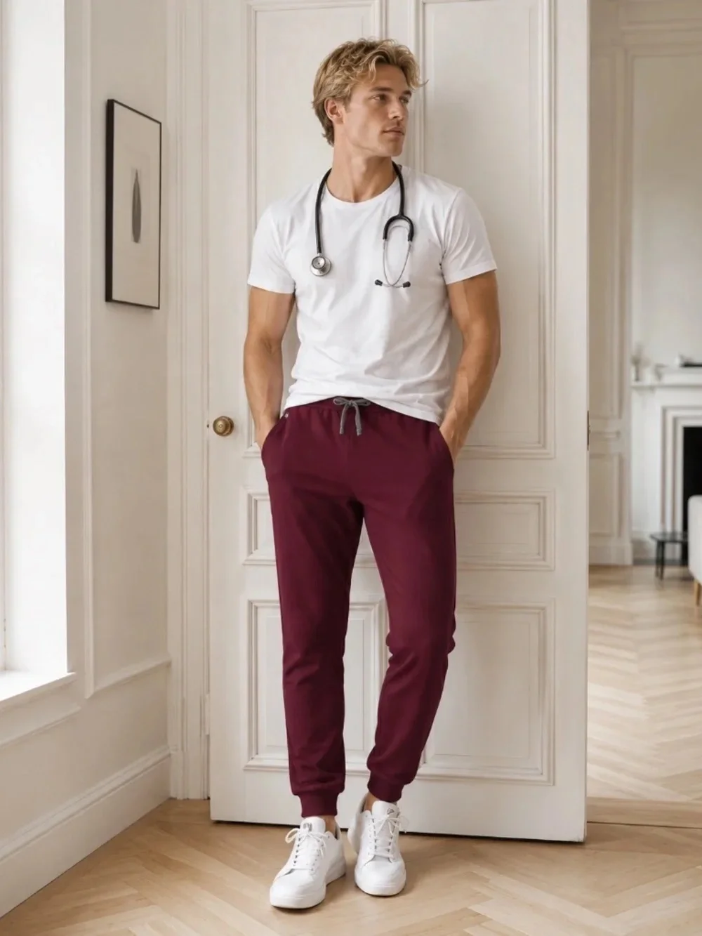Figs Tansen Jogger Scrub Pants in Burgundy, Men’s size Large